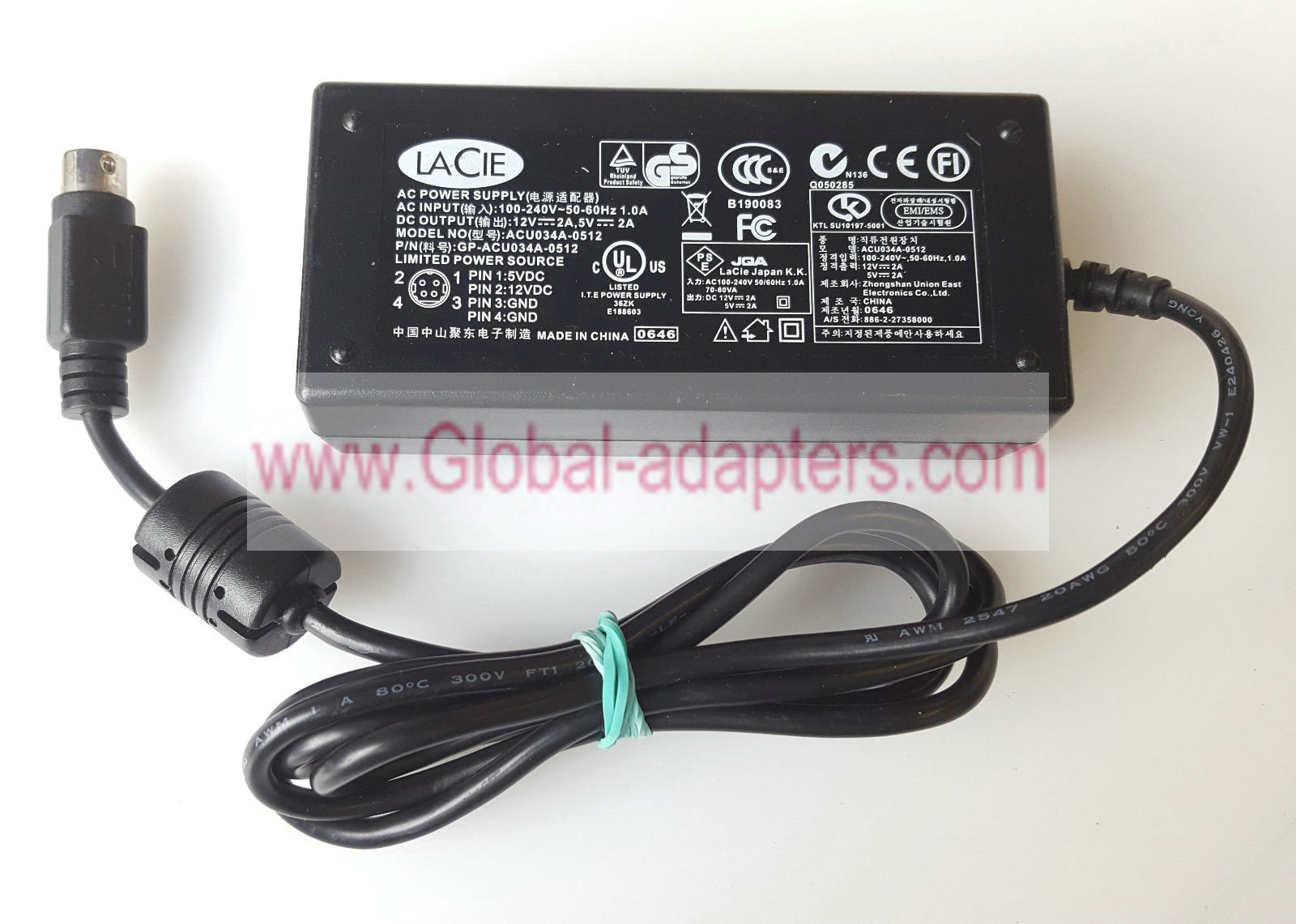 New AC ADAPTER 12V/5V 2A LACIE ACU034A-0512 POWER SUPPLY 710449A FOR MANY LACIE DRIVE 4pin din